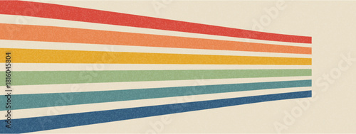 Rainbow retro background with geometric perspective stripes. Groovy diagonal bands feature abstract vintage 70s-style paths, lines separated by cream borders with grunge texture, dots, specks. Vector