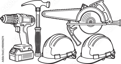 Black and white line art illustration of construction tools and safety helmets hammer drill