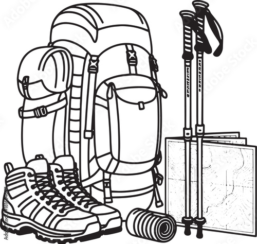 Black and white line art illustration of hiking gear and map backpack boots