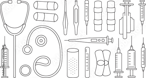 Black and white line art illustration of medical equipment and supplies stethoscope syringe