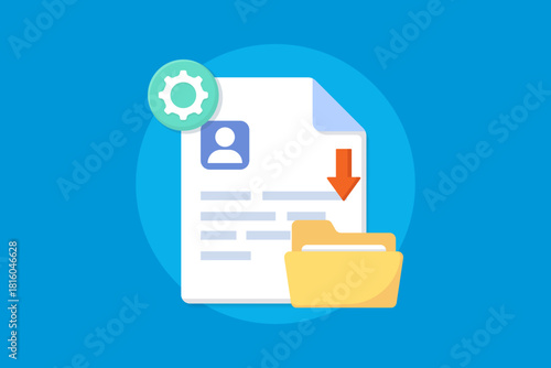 vector illustration of a document with user profile icons, download arrows, and yellow folders, symbolizing data management, file organization, and secure downloading.