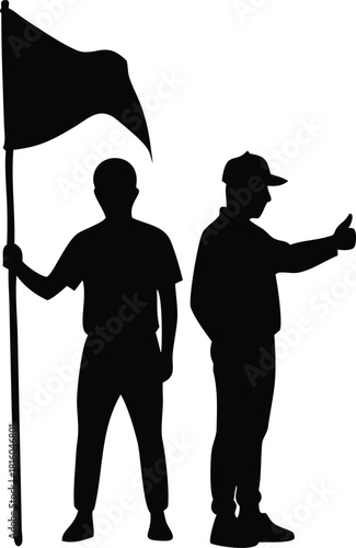 Silhouettes of two men with a flag one gesturing a thumbs up signal