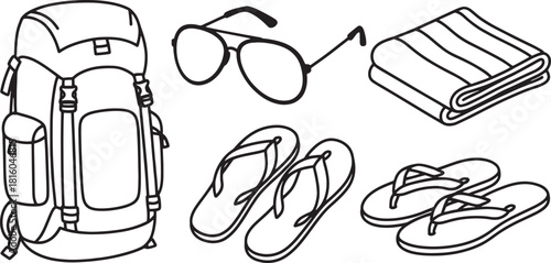 Black and white line art illustration of travel gear including backpack sunglasses flip flops and towel
