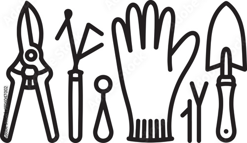 Black outline illustration of gardening tools and glove on white background pruning shears