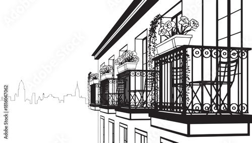 Black and white vector illustration of ornate balconies with flowers and city skyline balcony wrought iron