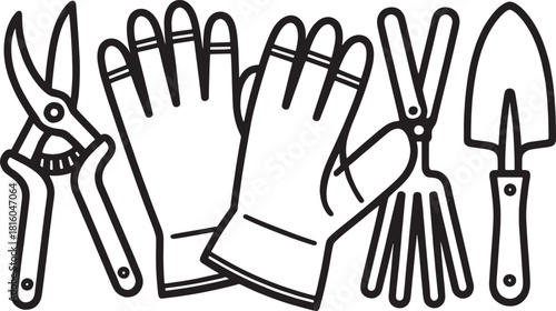 Black outline illustration of gardening tools and gloves on white secateurs trowel