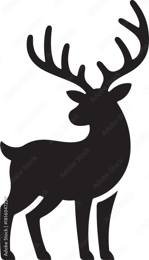 Fototapeta premium Black deer silhouette standing gracefully with large antlers, isolated vector icon graphic
