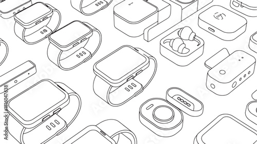 Isometric line art illustration of smartwatches earbuds and charging cases wireless earbuds