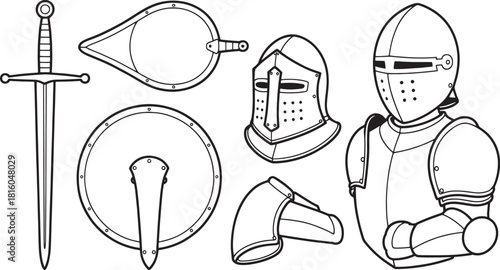 Medieval knight armor and weaponry line art collection sword shield