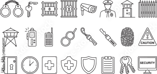 Security icons handcuffs key guard tower camera fingerprint caution sign vector