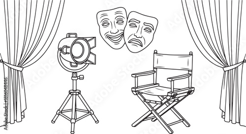 Theater stage with comedy tragedy masks spotlight and director chair vector
