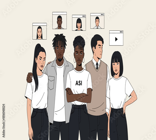 Illustration of a modern bar interior with a male bartender preparing cocktails for three female patrons of varying ages and ethnicities, enjoying a relaxed and social evening together