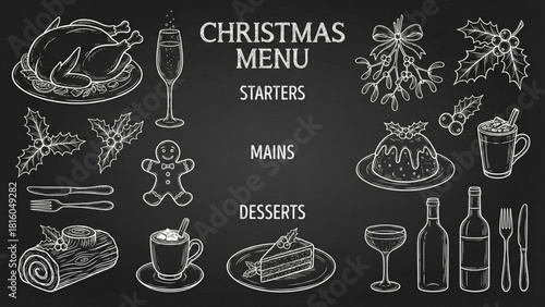 Christmas menu template on chalkboard with hand drawn food and drink sketches