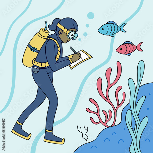 A cartoon illustration depicts a scuba diver, appearing to be female, of indeterminate ethnicity and age, in a vibrant underwater scene. The diver is dressed in a dark blue scuba suit with a yellow ox
