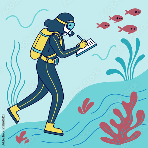 A cartoon illustration depicts a scuba diver, appearing to be female, of indeterminate ethnicity and age, in a vibrant underwater scene. The diver is dressed in a dark blue scuba suit with a yellow ox