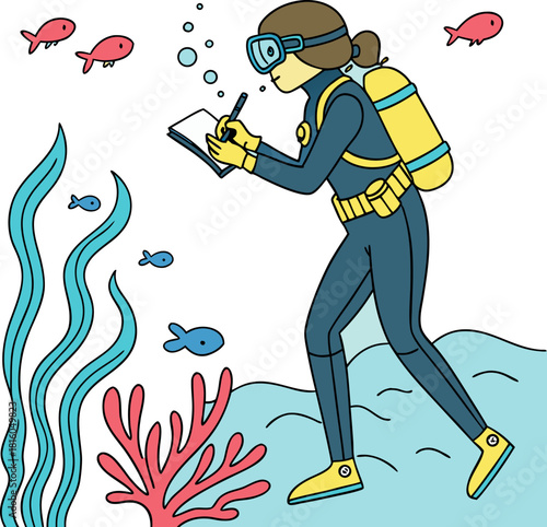 A cartoon illustration depicts a scuba diver, appearing to be female, of indeterminate ethnicity and age, in a vibrant underwater scene. The diver is dressed in a dark blue scuba suit with a yellow ox