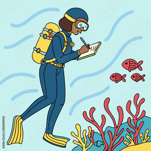 A cartoon illustration depicts a scuba diver, appearing to be female, of indeterminate ethnicity and age, in a vibrant underwater scene. The diver is dressed in a dark blue scuba suit with a yellow ox