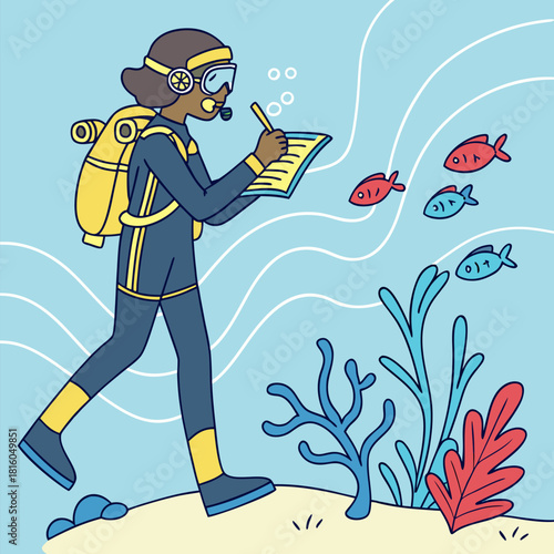 A cartoon illustration depicts a scuba diver, appearing to be female, of indeterminate ethnicity and age, in a vibrant underwater scene. The diver is dressed in a dark blue scuba suit with a yellow ox