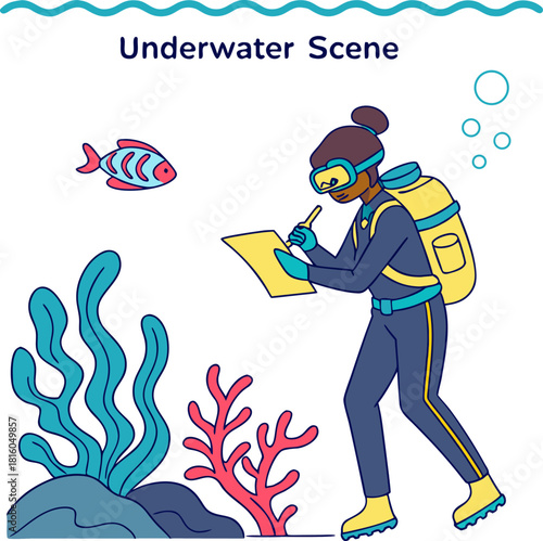 A cartoon illustration depicts a scuba diver, appearing to be female, of indeterminate ethnicity and age, in a vibrant underwater scene. The diver is dressed in a dark blue scuba suit with a yellow ox