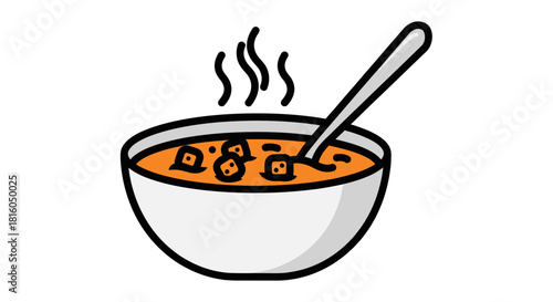 Stylized vector illustration of a steaming bowl of soup with croutons and a spoon illustration