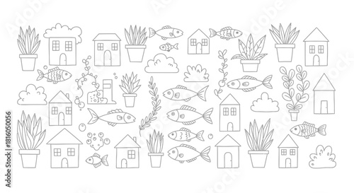 Monochrome dreamscape featuring line art houses, fish, plants, and cloud icons conveying