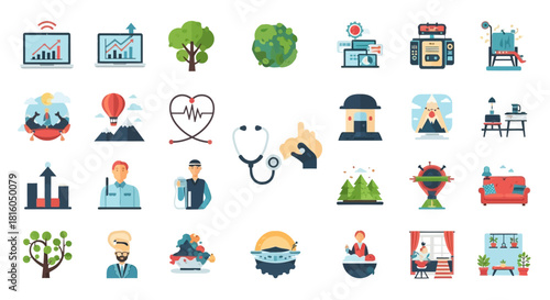 Diverse Iconography Representing Varied Aspects of Modern Life and Professional Fields