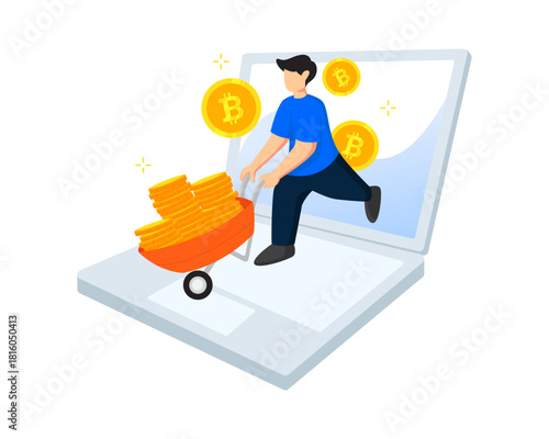 Illustration of digital investment, cryptocurrency mining, modern financial growth strategies, online business vectors, with a futuristic flat design style.