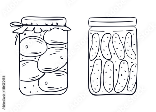 Canned vegetables in doodle style. Cooking food with vegetables, tomatoes and cucumbers. Vector illustration