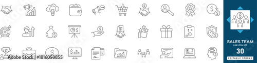 sales team icon set featuring teamwork, target, negotiation, customer, goal, relations, performance, analytics, and business growth visuals. editable stroke.