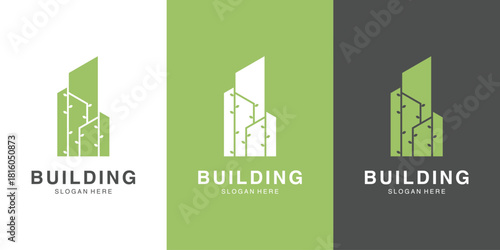 Eco building logo with modern green architecture