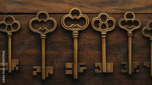 Close up of brass keys resting on a brown wooden surface