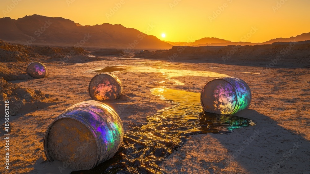 Naklejka premium Oil barrels leaking viscous oil onto a sandy beach at sunset