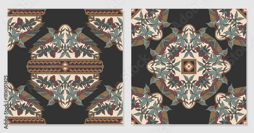 Vintage floral berry and bird batik pattern for tile and carpet or rug pattern