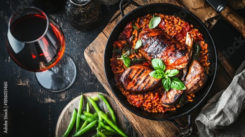 Overhead view of a delicious Spanish paella dish with rabbit