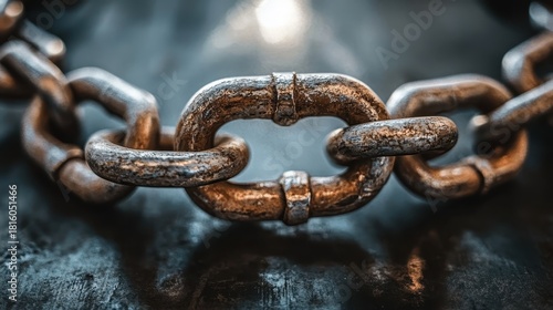 Close up of interconnected metallic links forming a strong robust industrial chain with weathered texture and focus detail