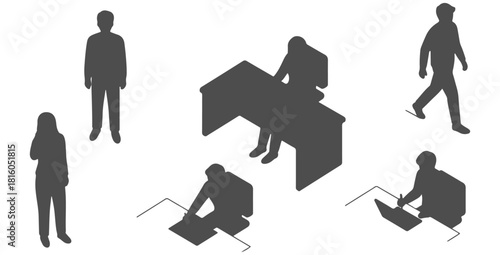 Top view CAD drawing of silhouette office people — one sitting, one standing, one walking, one leaning forward, one writing posture, one relaxed listening posture