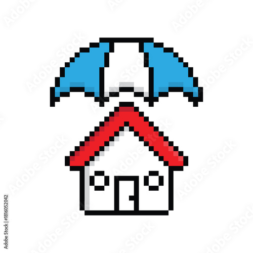pixel 8 bit umbrella with house vector icon protect your home art for computer game	