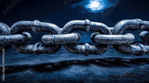 Closeup view of a strong metal chain against the night sky