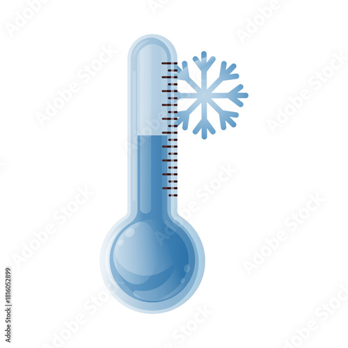 Cold thermometer 3D isolated on white background. Temperature icon. Low temperature icon with snowflacke. Element for websites, logo, weather forecast. Red thermometer. Vector illustration.