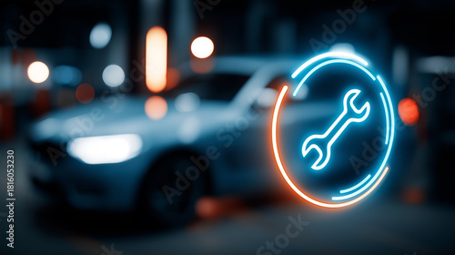 Digital wrench icon with blurred car in background