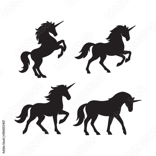 “Four Mythic Unicorns in Silhouette: A Dreamlike Assembly of Power, Grace, and Timeless Wonder”