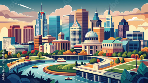 Very beautiful high-angle view of downtown Indianapolis, Indiana, featuring the city’s modern skyline with the recognizable dome of the Indiana Statehouse and the gentle curve of the White River, crea