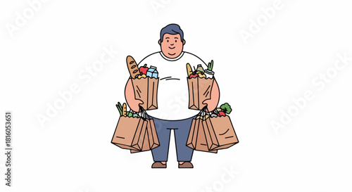 Man Carrying Multiple Brown Paper Grocery Bags with Food