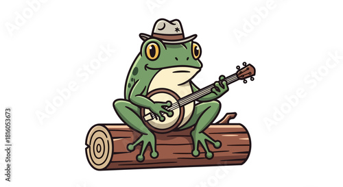 A whimsical frog musician serenading the forest with his banjo melodies sitting on a log