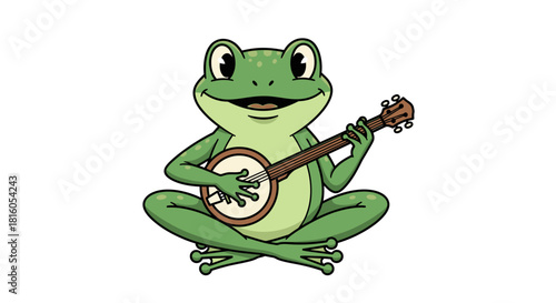 Cartoon depiction of a happy frog strumming a banjo with a cheerful expression on a white backdrop