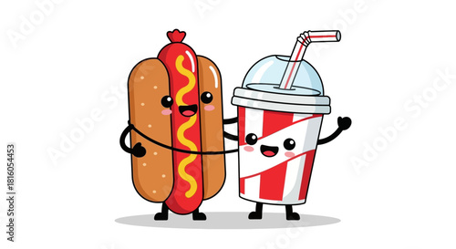 Cartoon hotdog and soda characters joyfully embracing in a playful illustration