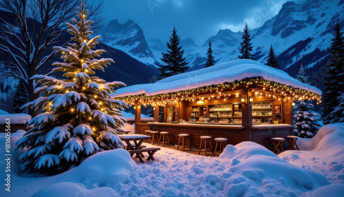 Rooftop bar decorated with Christmas lights hosts festive party in snowy mountain landscape, creating joyful winter atmosphere with pine trees and cozy outdoor seating