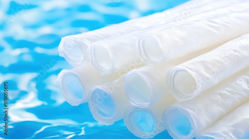 Stacks of lightweight foldable water purification filter bags with porous white fabric material arranged on a blue liquid background