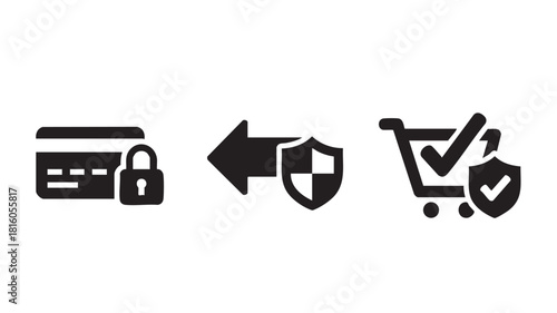 A set of icons illustrating secure online shopping, payment protection, and verified transactions.