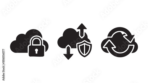 A set of three black icons illustrating cloud security, protected data transfer, and file synchronization.